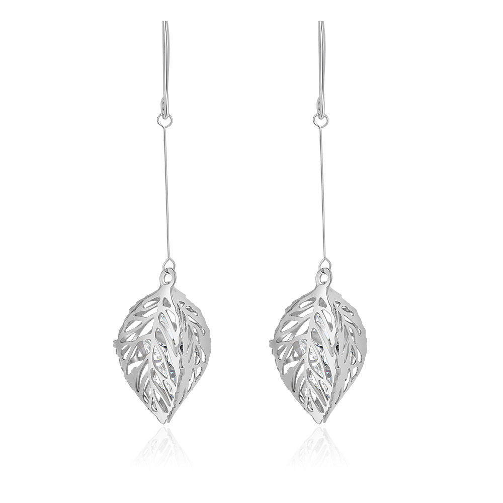 Silver Tone Cubic Leaf CZ Drop Earrings